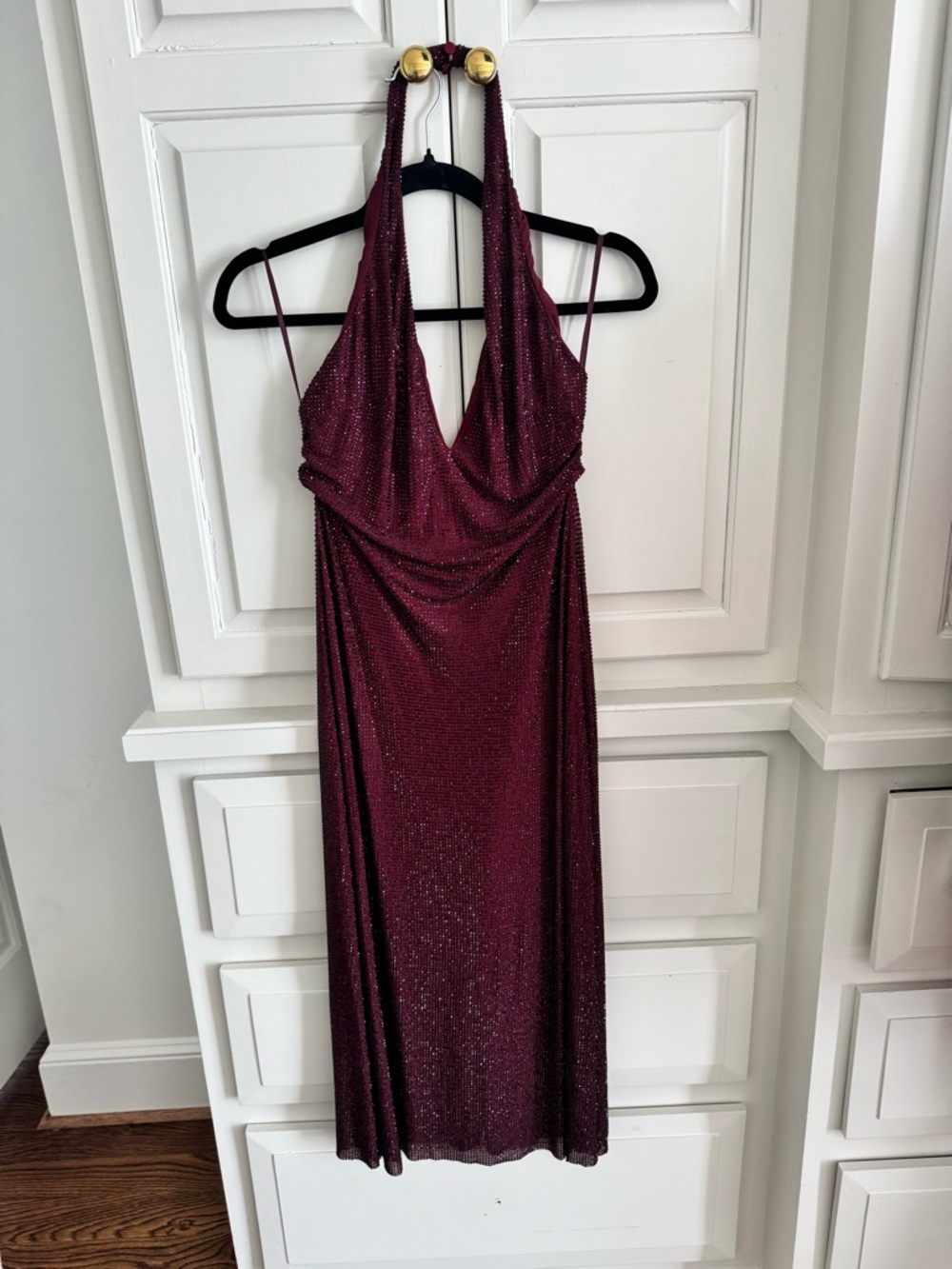 Meshki Burgundy Sparkle Halter Midi Dress